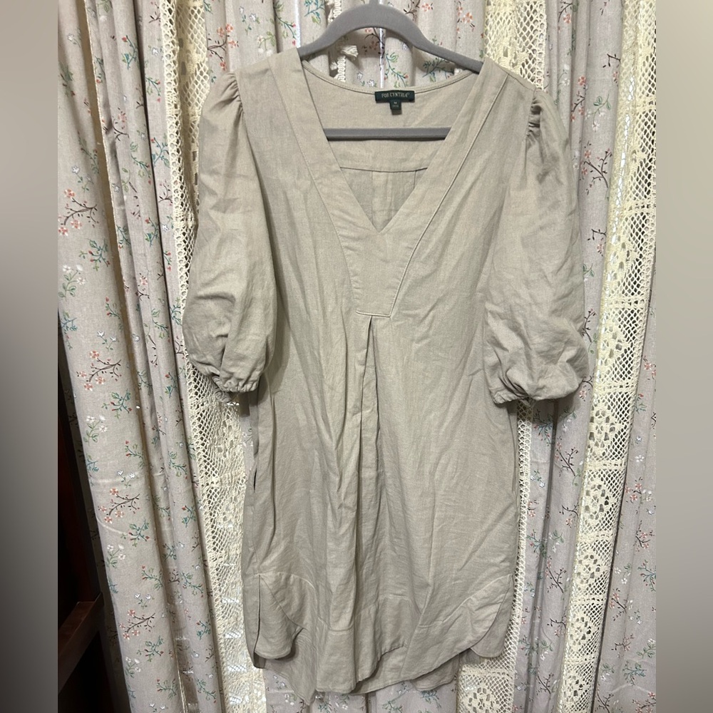 For‎ Cynthia Linen Puff Sleeve V-Neck Dress | Size M | EUC